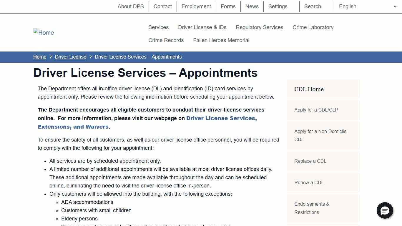 Driver License Services – Appointments Department of Public Safety